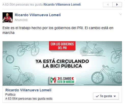 Ricardo Villanueva presume MiBici en Facebook