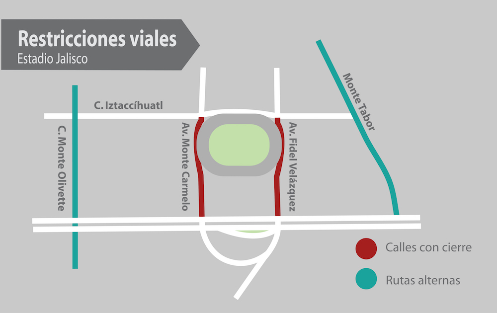 Calles cerradas para el partido Atlas - América en el Estadio Jalisco. Croquis de la Secretaría de Movilidad